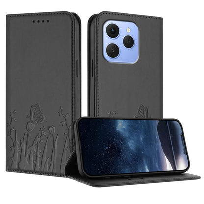 Magnetic vegan leather phone case, black with tulip and butterfly pattern, folio cover