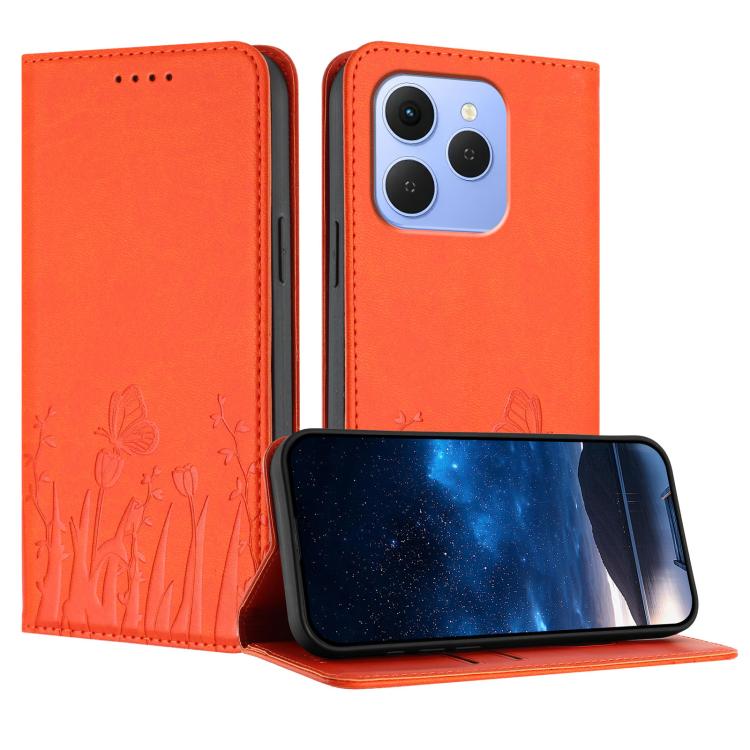 Magnetic vegan leather phone case, orange with tulip and butterfly pattern, folio cover