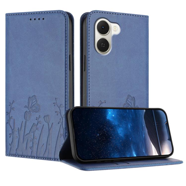 Blue magnetic vegan leather phone case with tulip and butterfly pattern, folio stand