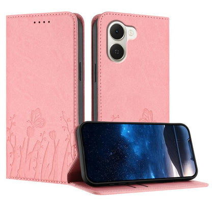 Pink magnetic vegan leather phone case with tulip and butterfly pattern, flip cover.