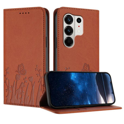 Brown magnetic vegan leather phone case with tulip and butterfly folio design