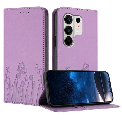 Light purple magnetic vegan leather phone case with tulip and butterfly folio design