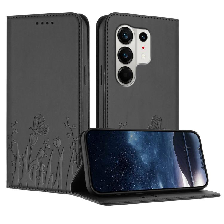 Dark gray magnetic vegan leather phone case with tulip and butterfly folio design
