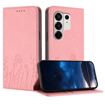 Pink magnetic vegan leather phone case with tulip and butterfly folio design