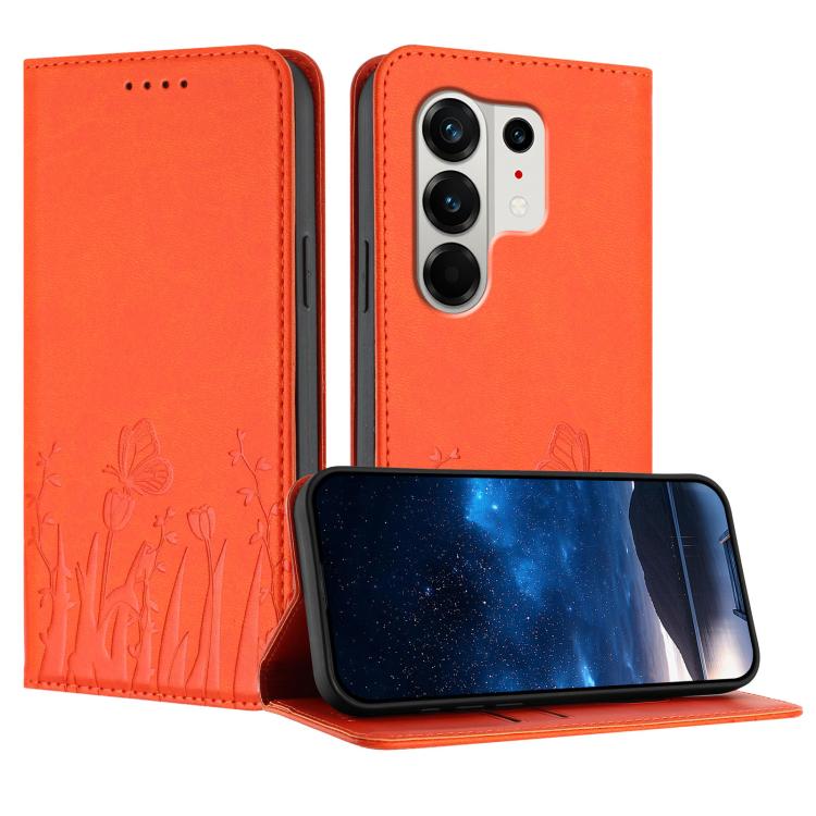 Orange magnetic vegan leather phone case with tulip and butterfly folio design