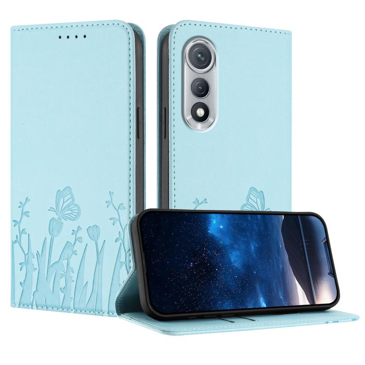 Magnetic vegan leather phone case, light blue with tulip and butterfly pattern; flip cover.