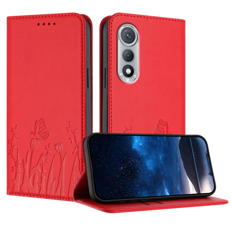 Magnetic vegan leather phone case, red with tulip and butterfly pattern; flip cover.