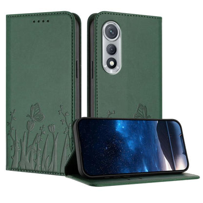 Green magnetic vegan leather phone case with tulip-and-butterfly flip cover
