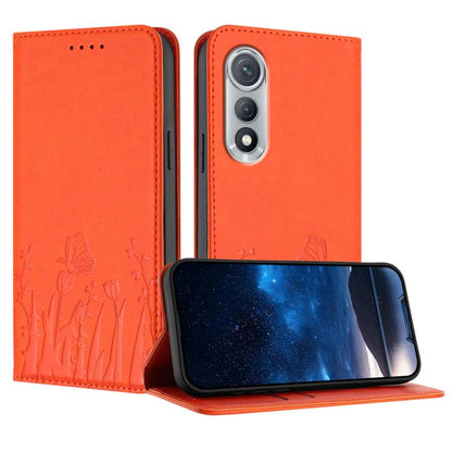 Orange magnetic vegan leather phone case with tulip-and-butterfly flip cover