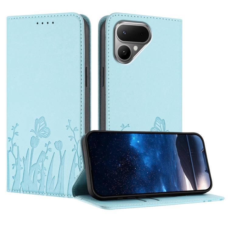 Light blue phone folio case with tulip and butterfly pattern, magnetic closure, card holder