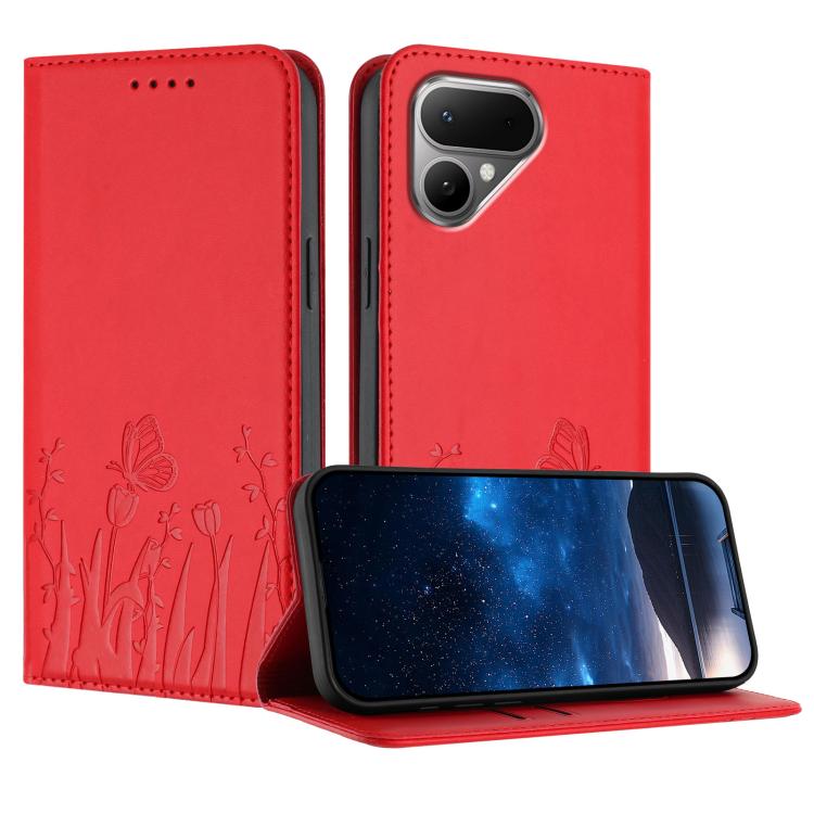 Red phone folio case with tulip and butterfly pattern and magnetic closure
