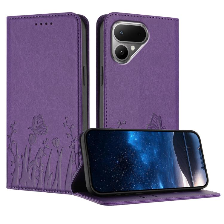 Purple magnetic vegan leather phone case with tulip and butterfly pattern, folio stand