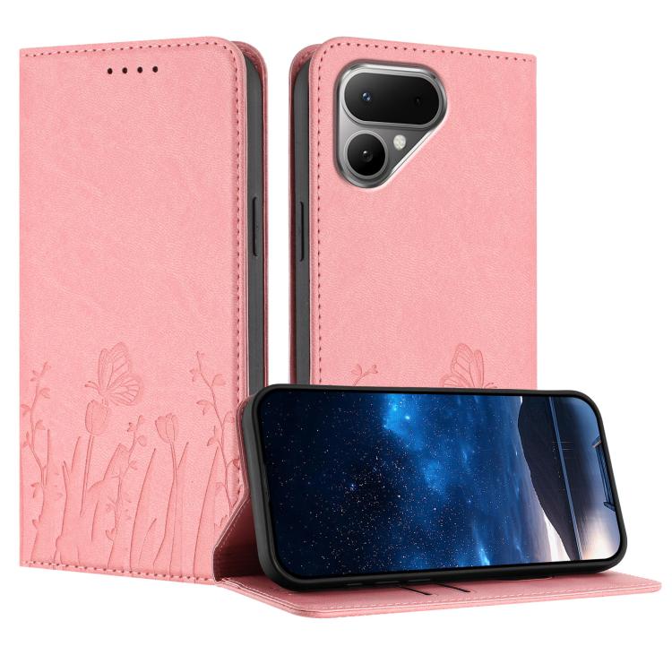 Pink magnetic vegan leather phone case with tulip and butterfly pattern, folio stand