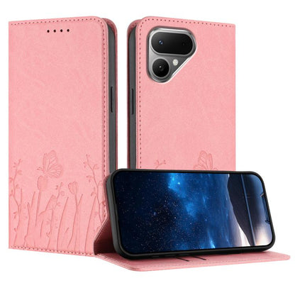 Pink magnetic vegan leather phone case with tulip and butterfly pattern, folio stand