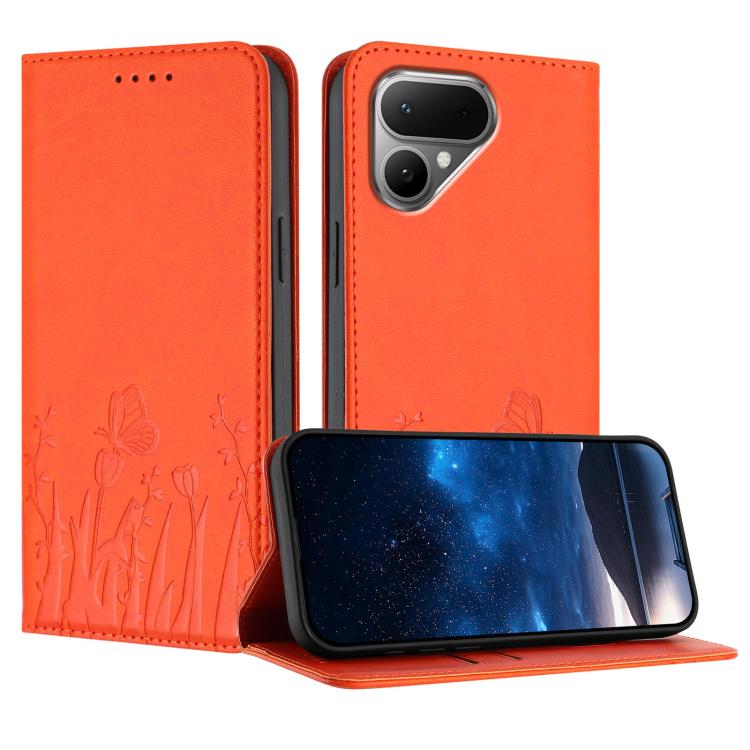 Orange magnetic vegan leather phone case with tulip and butterfly pattern, folio stand