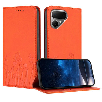 Orange magnetic vegan leather phone case with tulip and butterfly pattern, folio stand