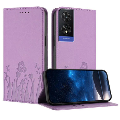 Lavender vegan leather folio phone case with tulip and butterfly pattern, magnetic flip cover.