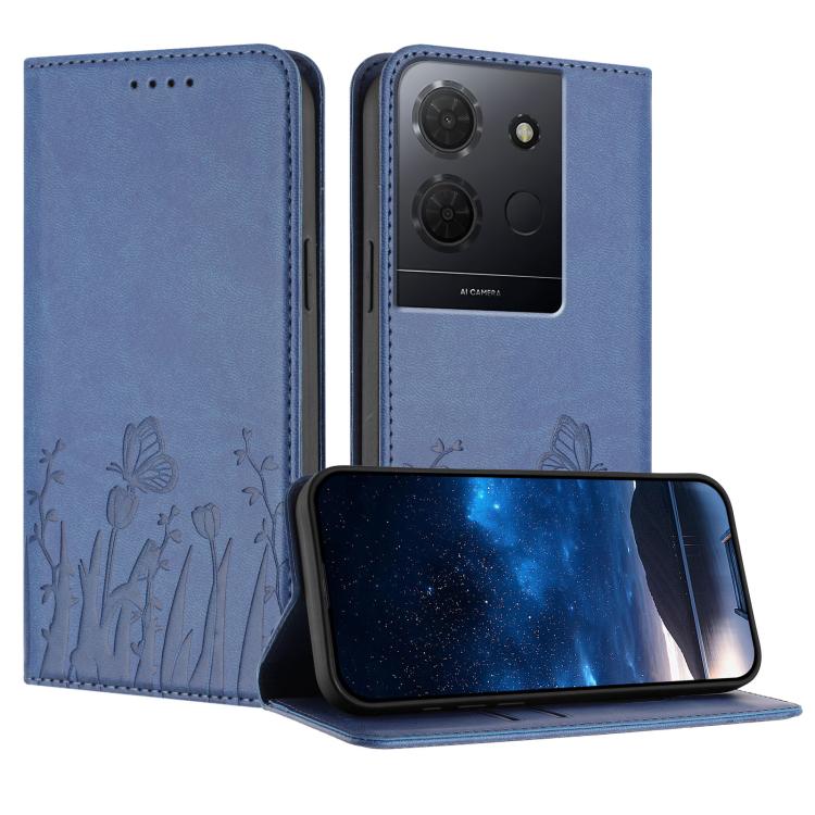 Light blue folio phone case with tulip and butterfly pattern, front and back views