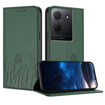 Dark green magnetic vegan leather phone case with tulip and butterfly pattern, flap cover.