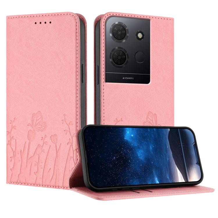 Pink magnetic vegan leather phone case with tulip and butterfly pattern, flap cover.