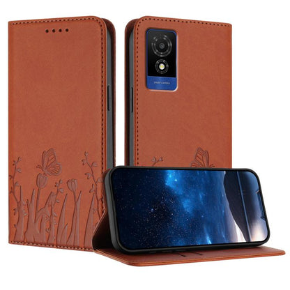 Orange magnetic folio phone case with tulip and butterfly pattern; flip cover.