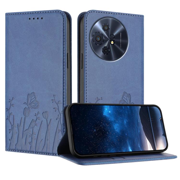 Vegan leather phone case with magnetic folio and slate blue tulip butterfly pattern