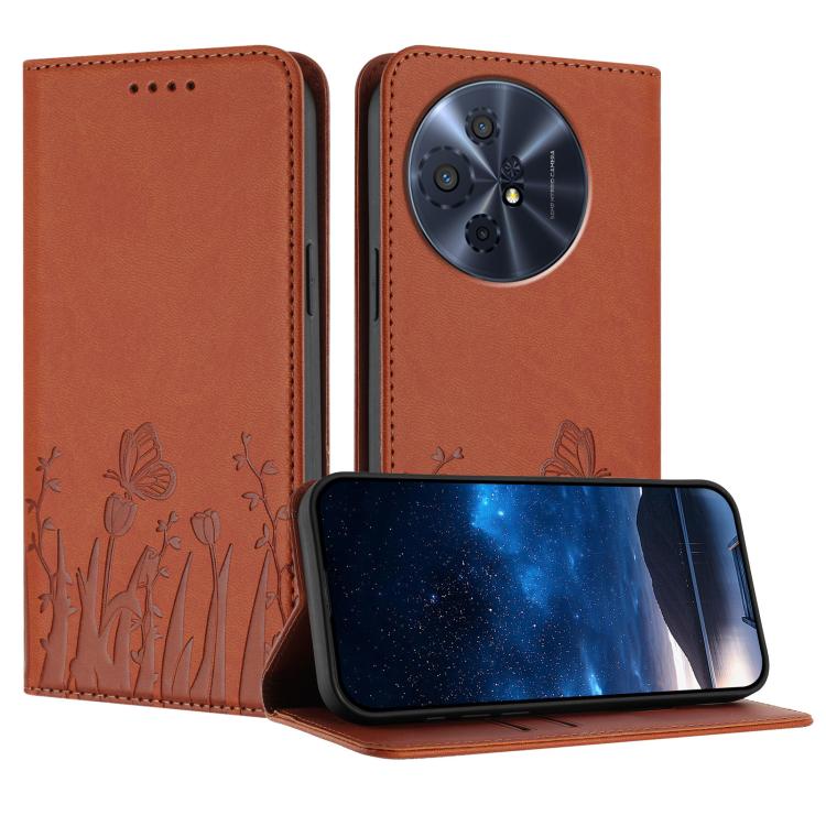 Rust brown vegan leather phone case with butterfly and tulip pattern, folio stand cover