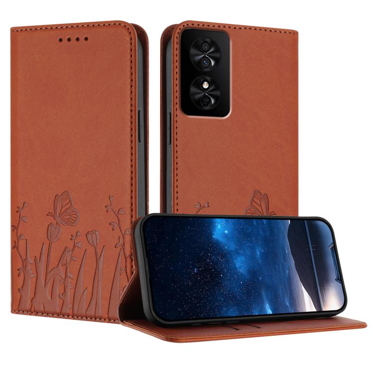 Orange magnetic phone case with tulip and butterfly pattern, folio flip cover