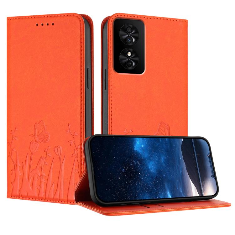 Bright orange magnetic phone case with tulip and butterfly pattern, folio flip cover