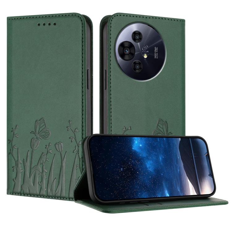 Vegan leather phone case with magnetic folio and dark green tulip butterfly pattern