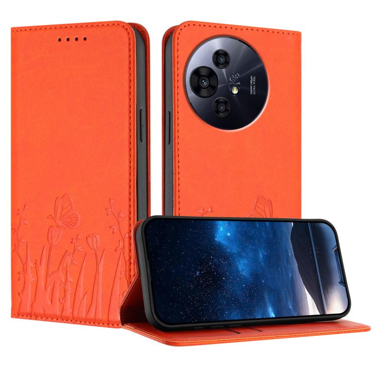 Vegan leather phone case with magnetic folio and orange tulip butterfly pattern