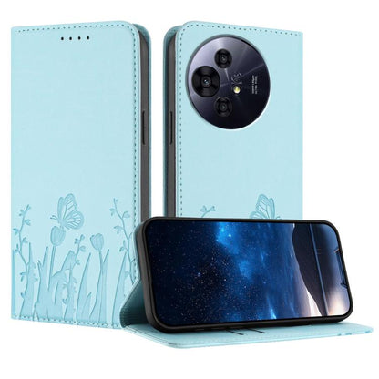 Magnetic phone case in light blue with tulip and butterfly pattern, flip cover and camera cutout.