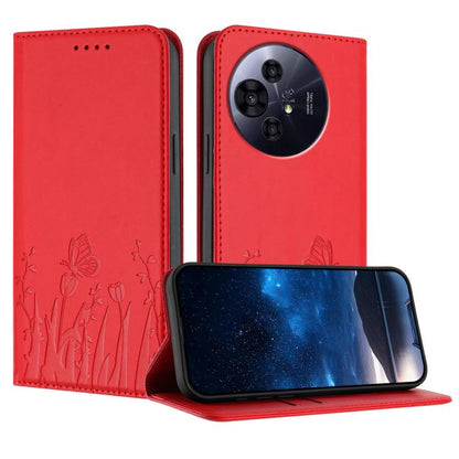Magnetic phone case in red with tulip and butterfly pattern, flip cover and camera cutout.
