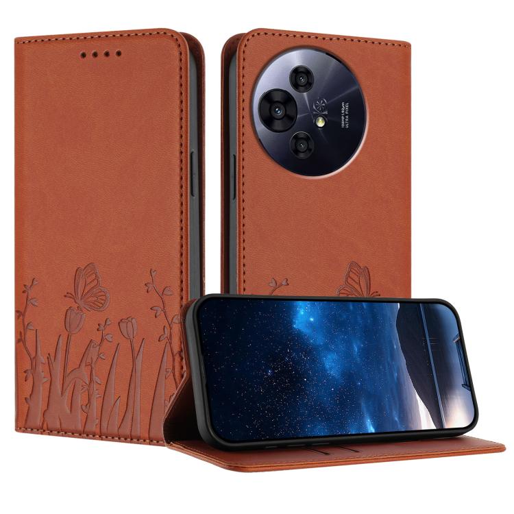 Orange magnetic vegan leather phone case with tulip butterfly pattern and front flap