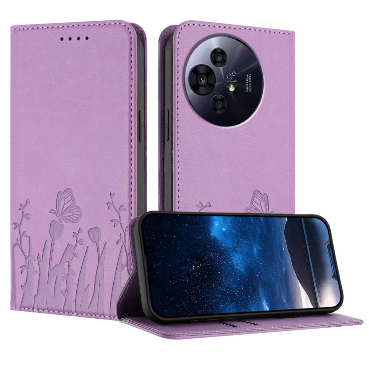 Light purple magnetic vegan leather phone case with tulip butterfly pattern and front flap