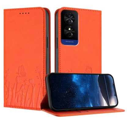 Magnetic phone case in bright orange with tulip and butterfly pattern, flip cover and camera cutout.