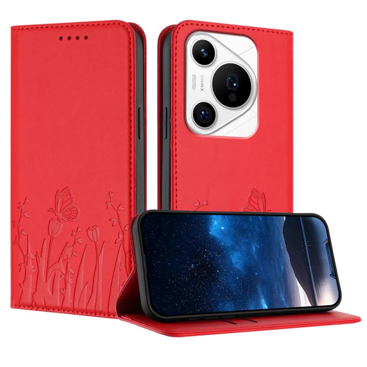 Tulips Butterfly Pattern Magnetic Vegan Leather Phone Case, For Huawei Enjoy 80, For Huawei Mate 70 Pro / Mate 70 Pro+, For Huawei Mate 70, For Huawei Pura 70 Pro / Pura 70 Pro+, For Huawei nova 12i, For Huawei nova 12 SE / nova 11 SE, For Huawei nova ...