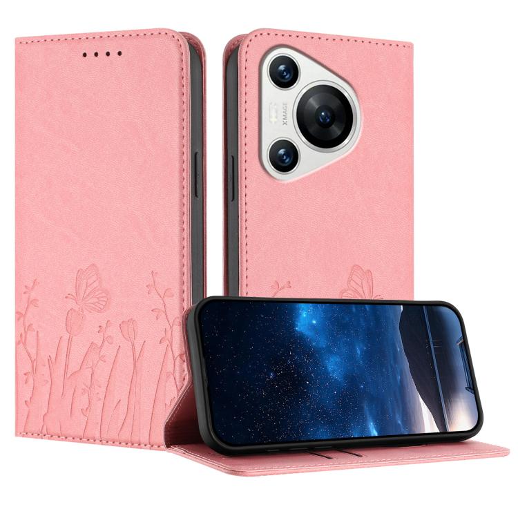 Tulips Butterfly Pattern Magnetic Vegan Leather Phone Case, For Huawei Enjoy 80, For Huawei Mate 70 Pro / Mate 70 Pro+, For Huawei Mate 70, For Huawei Pura 70 Pro / Pura 70 Pro+, For Huawei nova 12i, For Huawei nova 12 SE / nova 11 SE, For Huawei nova ...