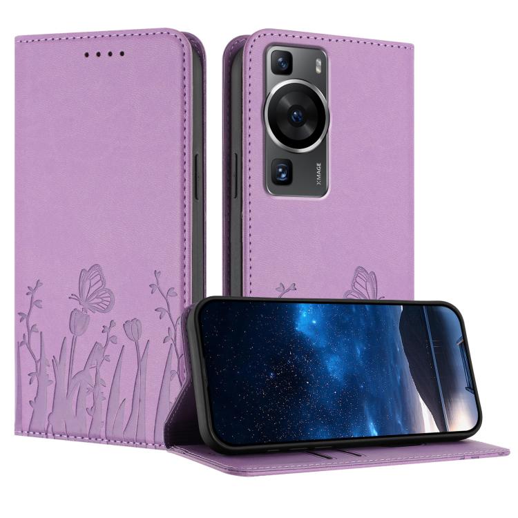 Tulips Butterfly Pattern Magnetic Vegan Leather Phone Case, For Huawei nova 12 Pro / nova 12 Ultra, For Huawei Mate 60 Pro / Mate 60 Pro+, For Huawei Maimang A20, For Huawei Mate 60, For Huawei Enjoy 50 / Enjoy 60 / nova Y70, For Huawei P60 / P60 Pro  ...
