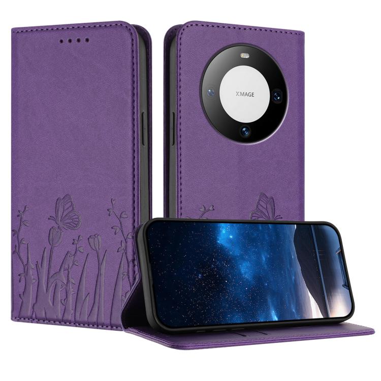 Tulips Butterfly Pattern Magnetic Vegan Leather Phone Case, For Huawei nova 12 Pro / nova 12 Ultra, For Huawei Mate 60 Pro / Mate 60 Pro+, For Huawei Maimang A20, For Huawei Mate 60, For Huawei Enjoy 50 / Enjoy 60 / nova Y70, For Huawei P60 / P60 Pro  ...