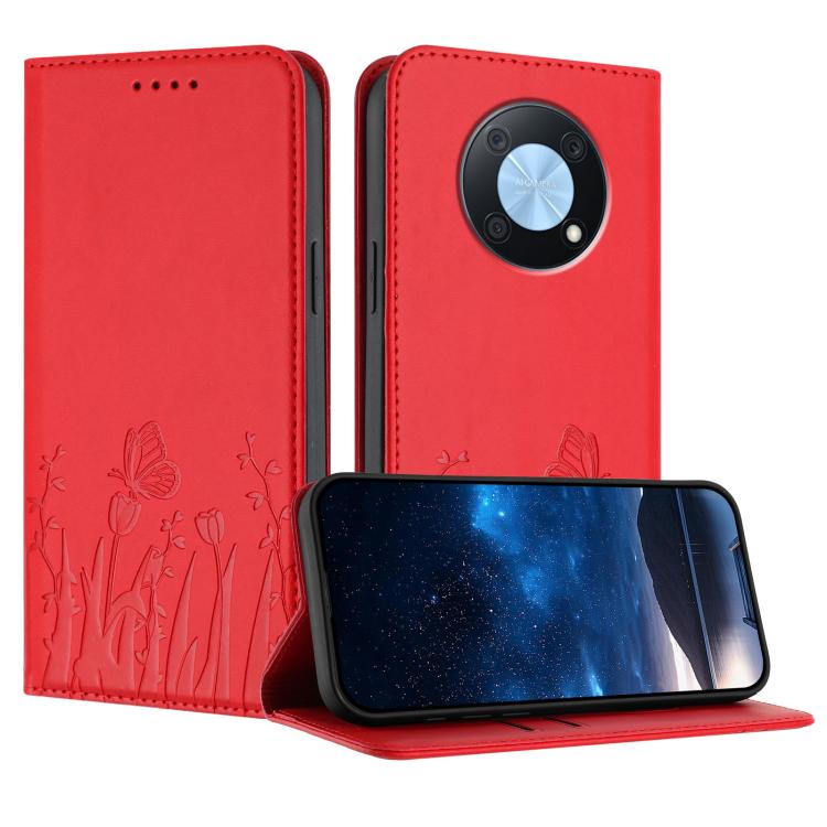 Tulips Butterfly Pattern Magnetic Vegan Leather Phone Case, For Huawei nova 12 Pro / nova 12 Ultra, For Huawei Mate 60 Pro / Mate 60 Pro+, For Huawei Maimang A20, For Huawei Mate 60, For Huawei Enjoy 50 / Enjoy 60 / nova Y70, For Huawei P60 / P60 Pro  ...