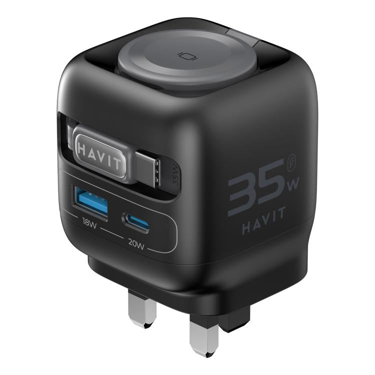 Black Havit 35W 3-in-1 GaN travel charger with UK plug and two ports