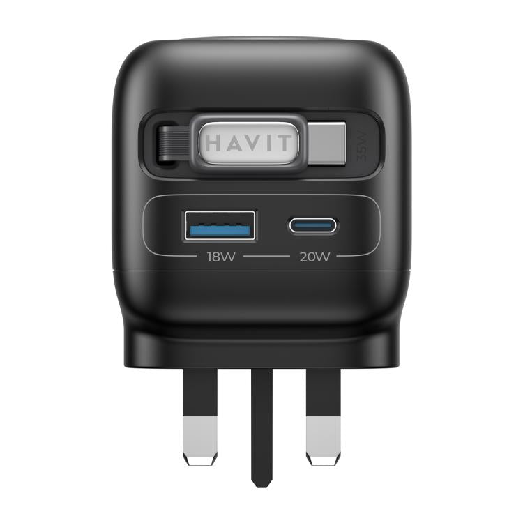 Front view of black Havit GaN travel charger with USB-C and USB-A ports, UK plug
