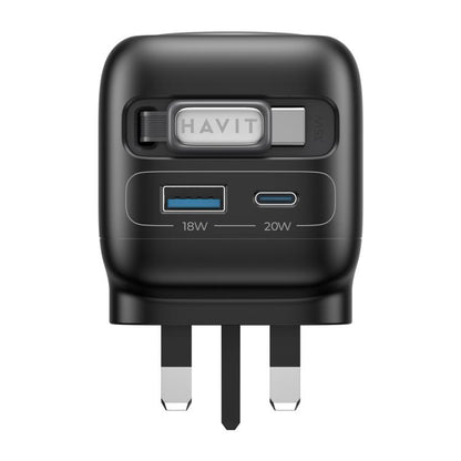 Front view of black Havit GaN travel charger with USB-C and USB-A ports, UK plug