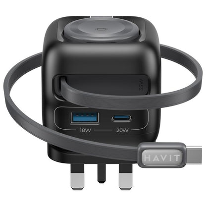 Black Havit GaN travel charger with retractable cable extended and two charge ports