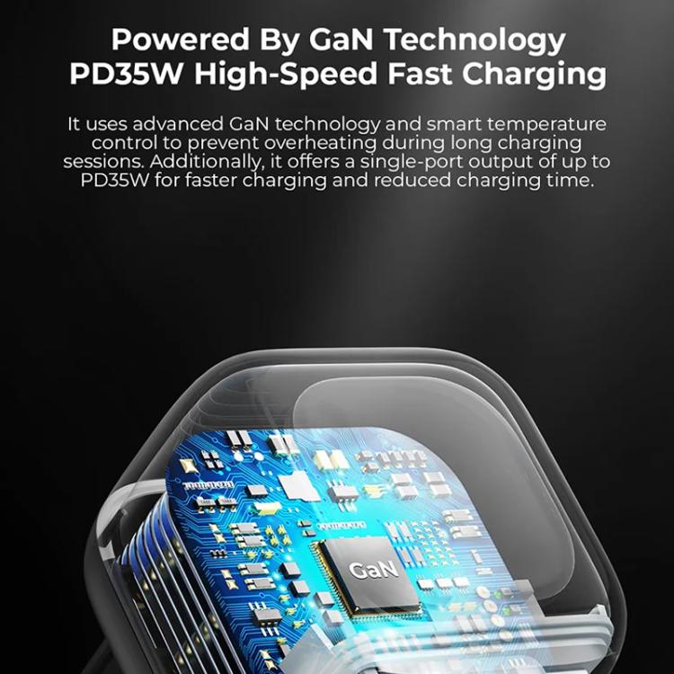 Black GaN travel charger with charging indicator window and visible internal circuit board