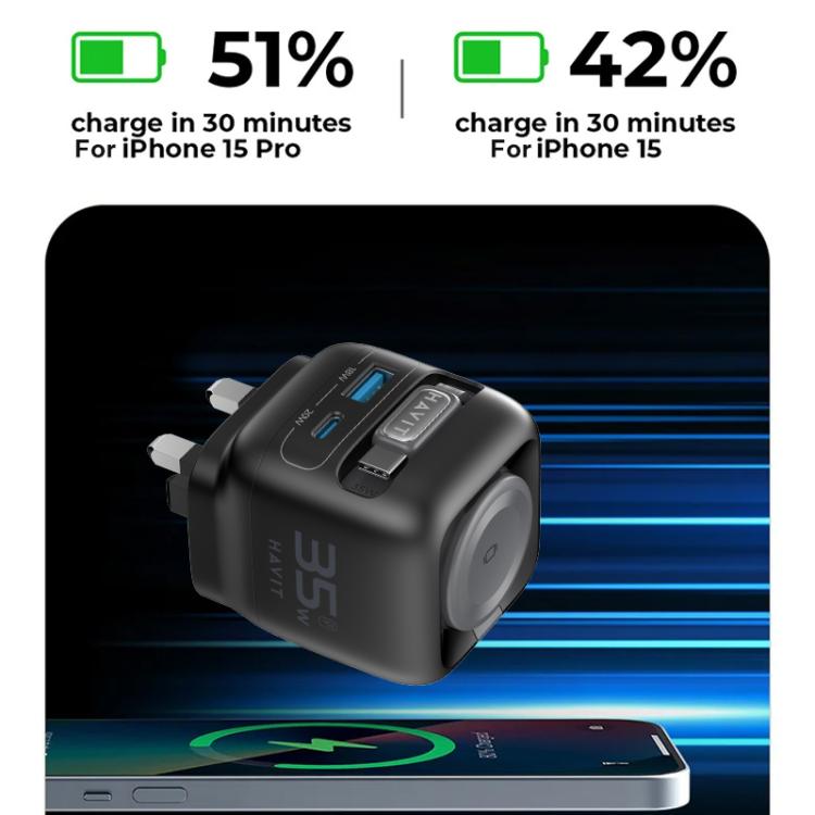 Black compact GaN travel charger with built-in ports and power-ready indicator light
