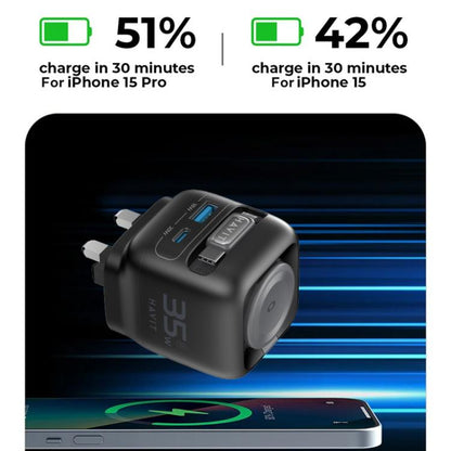 Black compact GaN travel charger with built-in ports and power-ready indicator light