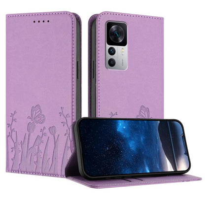 Light purple magnetic phone case with tulip and butterfly emboss pattern, flip cover with cutout