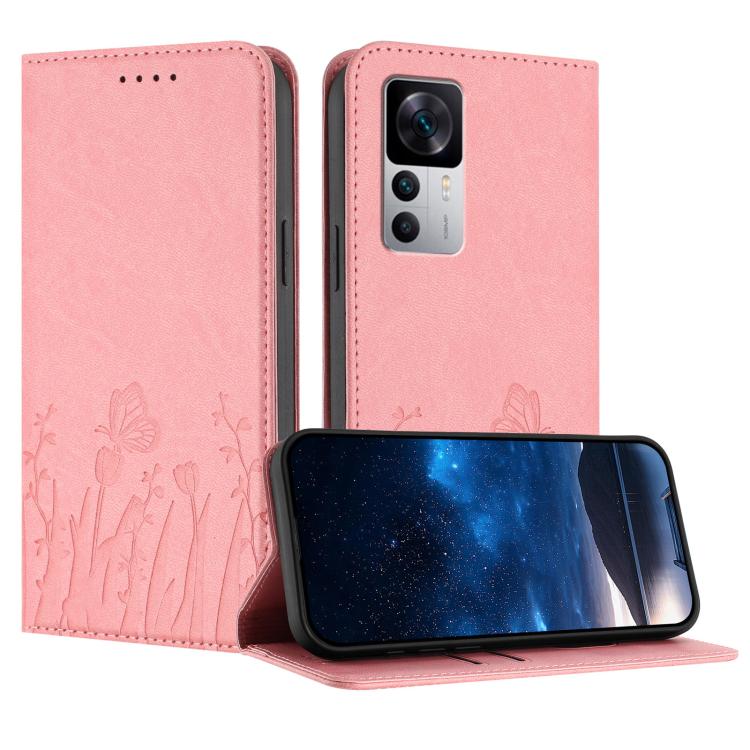 Pink magnetic phone case with tulip and butterfly emboss pattern, flip cover with camera cutout
